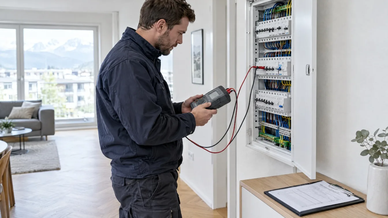 Elektriker misst am neuen Verteiler, daneben das Prüfprotokoll