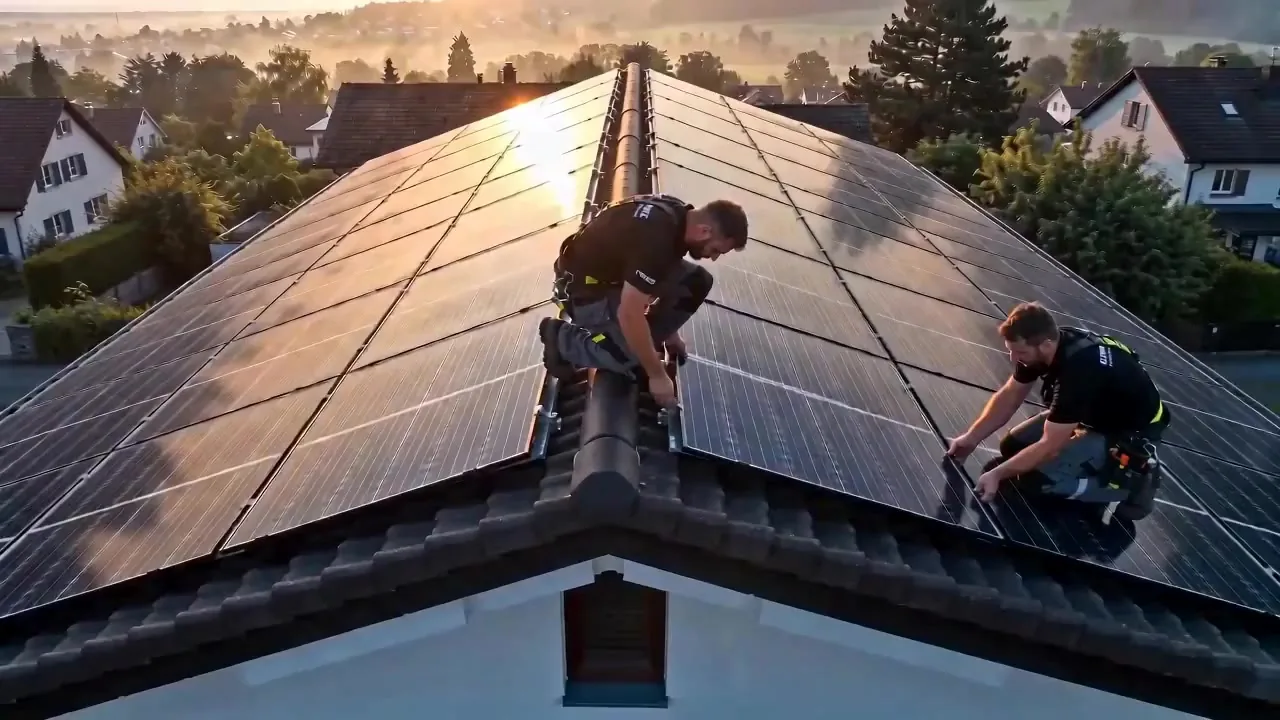 Zwei Elektriker auf einem Dach mit Solarmodulen