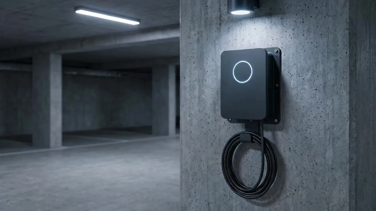 Wallbox an der Wand einer Garage